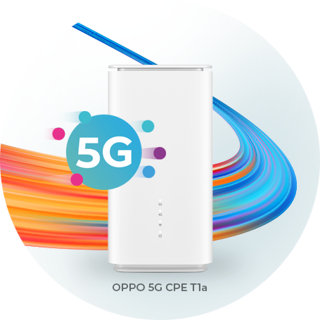 Biały router 5G marki OPPO model CPE T1a, na tle kolorowych promieni symbolizujących sygnał sieci 5G. Po prawej stronie znajduje się różowe koło z ikoną telefonu 5G.