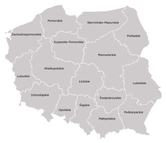 Mapa Polski z zaznaczonymi województwami